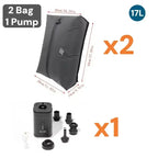 Vacuum compression system with two bags, a pump and accessories on a white background