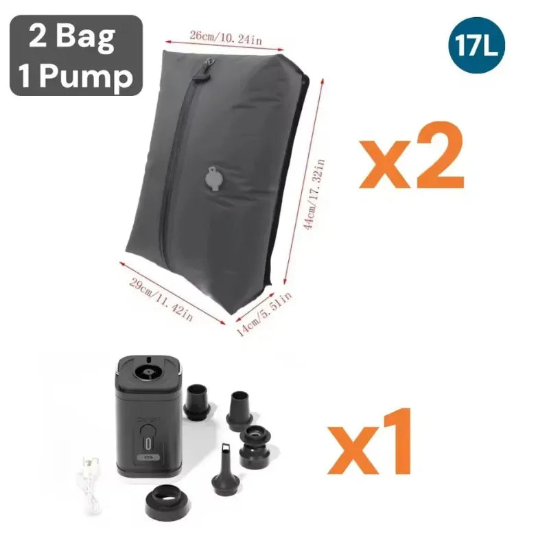 Vacuum compression system with two bags, a pump and accessories on a white background