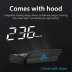 Vehicle head up display with speed reading and hood feature description on a black background