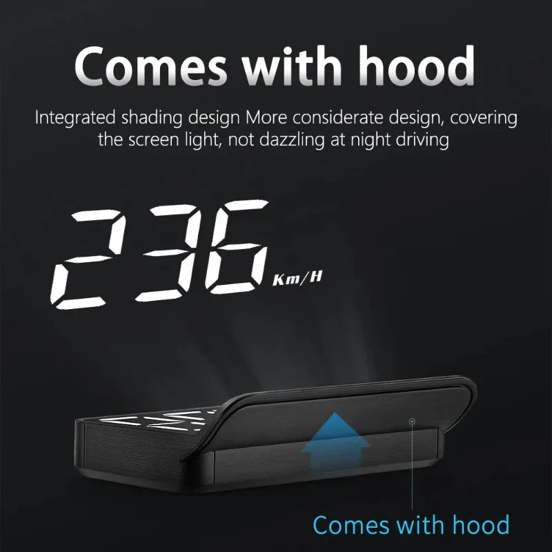 Vehicle head up display with speed reading and hood feature description on a black background