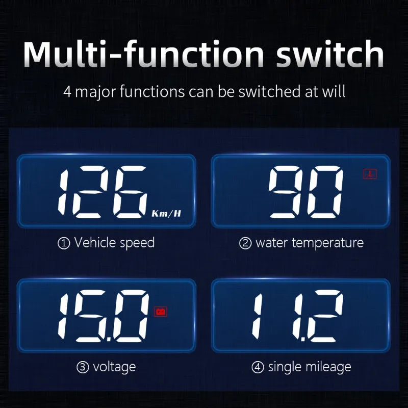 Head up display with multi modes showing  vehicle speed, water temperature, voltage, and single mileage indicators on a black background.