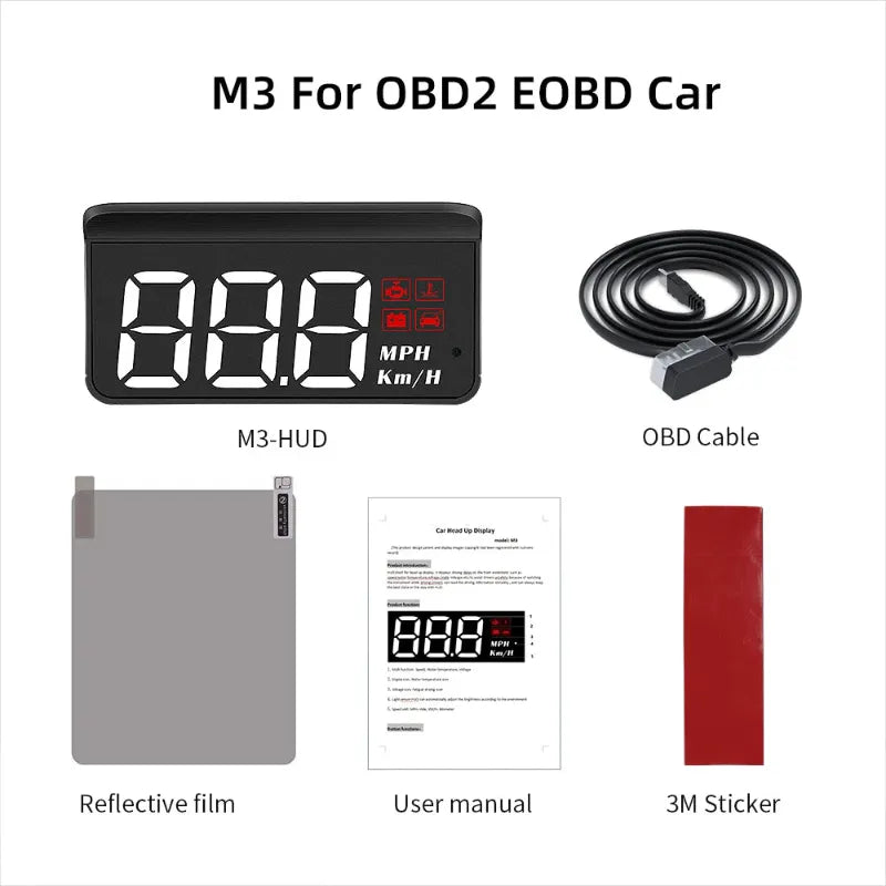M3 HUD kit for OBD2 EOBD car with M3-HUD, OBD cable, reflective film, user manual, and 3M sticker on a white background.