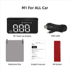 M1 head-up display with USB cable, reflective film, English manual, and 3M sticker on a white background