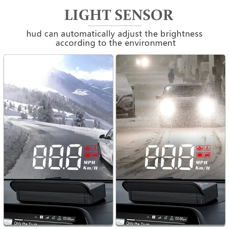 Vehicle HUD (Head-Up Display) with light sensor feature showing different environments.