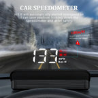 Vehicle with head up display showing speed on windshield with a blurred snowy road background
