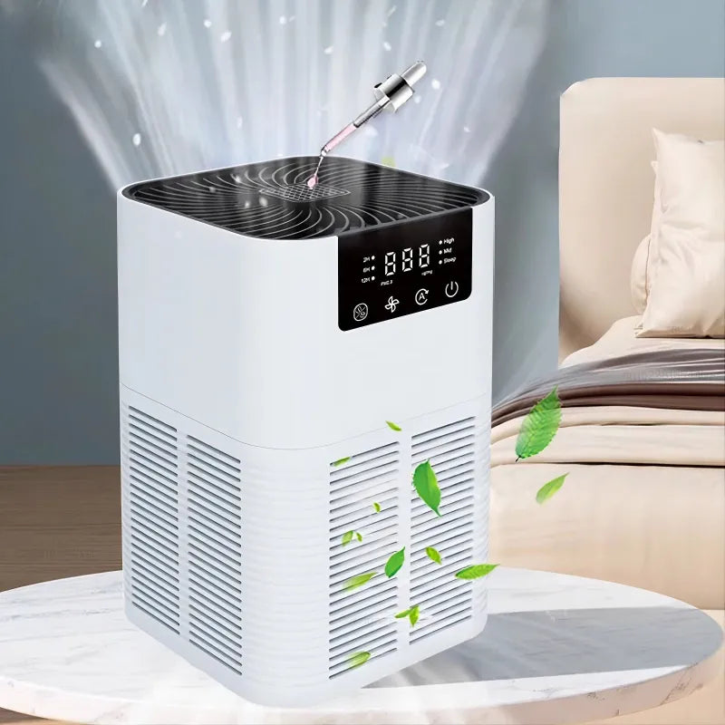 Air purifier on a table with a blurred background of a living room.