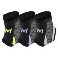 Three black ankle support sleeves with brand logo on a white background