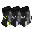 Three black ankle support sleeves with brand logo on a white background