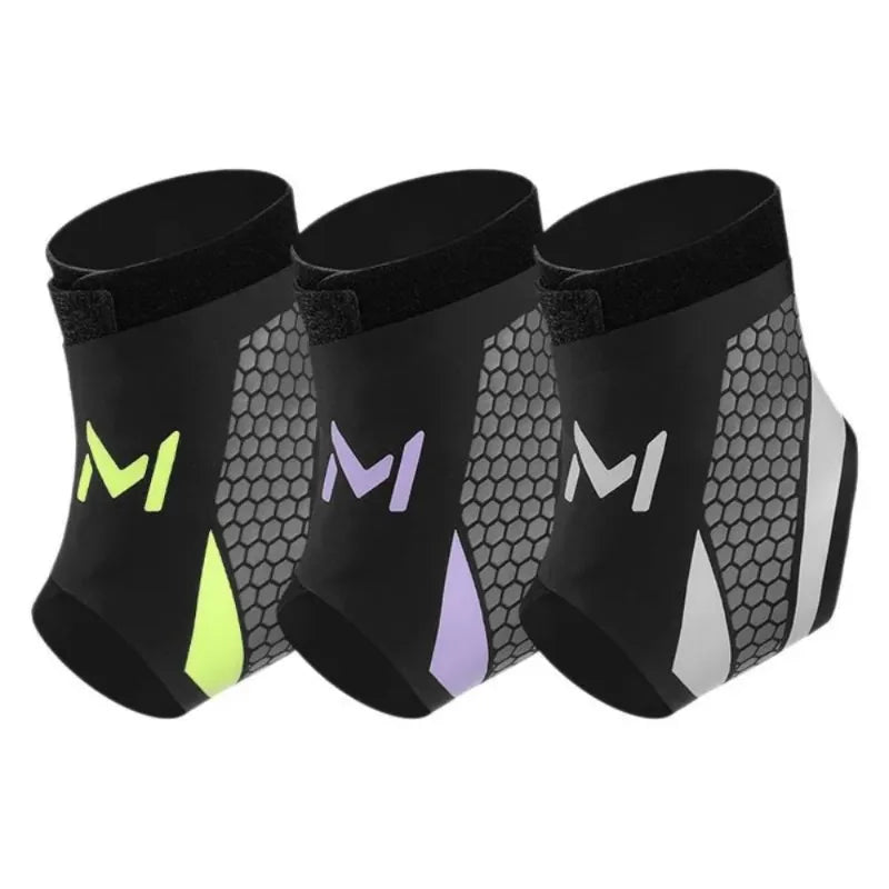 Three black ankle support sleeves with brand logo on a white background