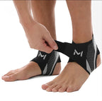 Person wearing black ankle support with a logo on a white background