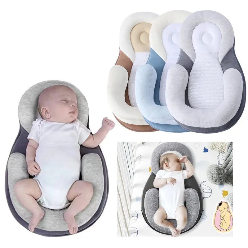 Baby laying in anti rollover pillow with various colors on white background