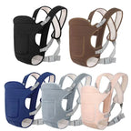 Collection of baby carriers in various colors on a white background