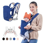 Woman using a blue baby carrier with a baby, surrounded by color swatches and a diagram.