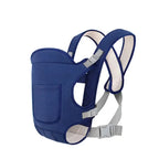 Blue baby carrier with padded straps on a white background