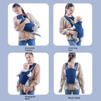 Woman using a baby carrier in different positions on a light blue background