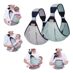 Baby carrier with a woman holding a baby, showing different angles of use.
