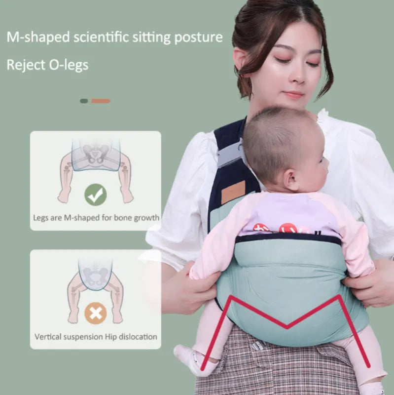 Woman using a baby carrier with educational graphics on a green background