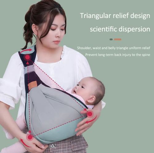 Woman holding a baby in a gray carrier with text on a green background