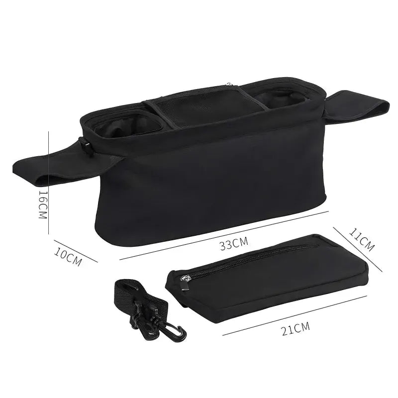 Black stroller bag with measurements on a white background