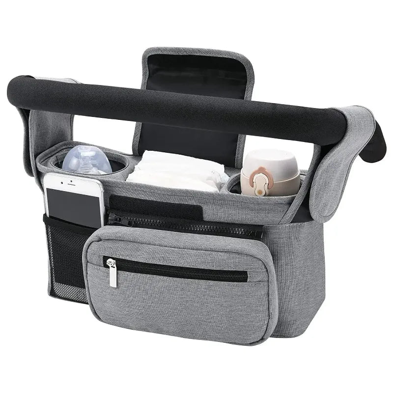 Gray stroller organizer with cup holders and phone pocket on a white background