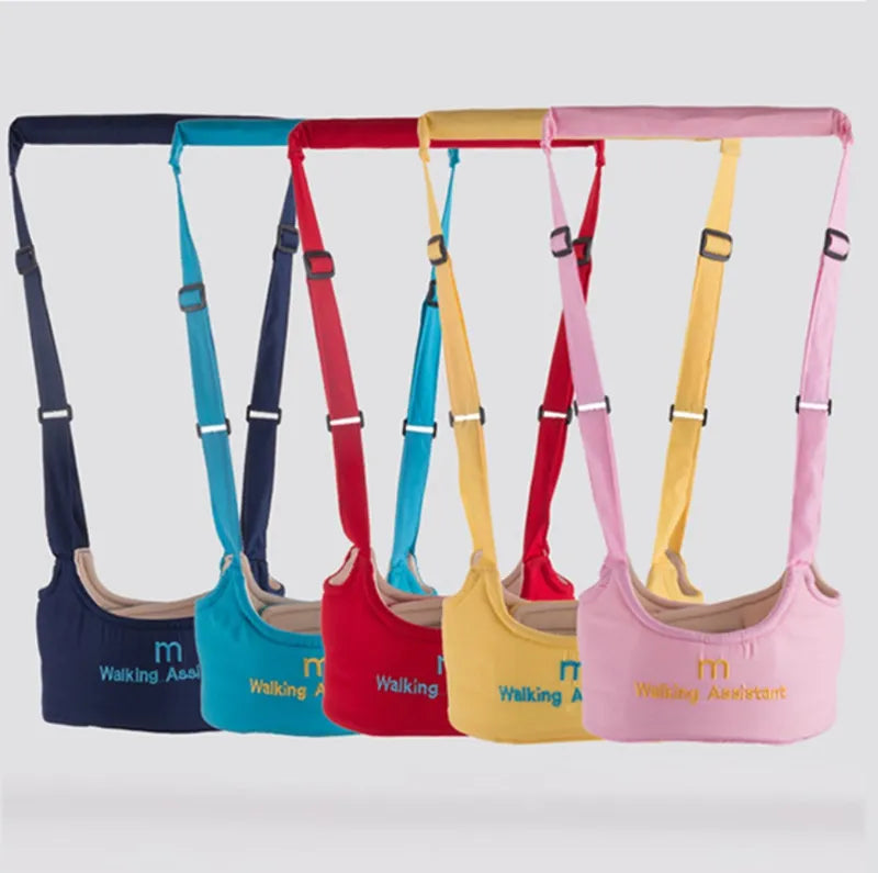 Set of four colorful baby walking aids with straps on a white background