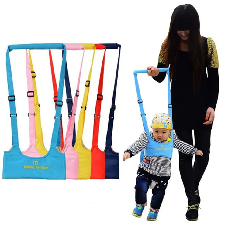 Colorful baby walking aid with a child and adult on a white background