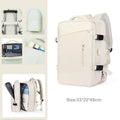 Beige backpack with multiple compartments and a size label on a white background