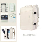 Beige backpack with multiple compartments and a size label on a white background