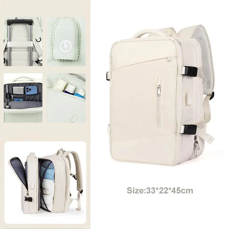 Beige backpack with multiple compartments and a size label on a white background