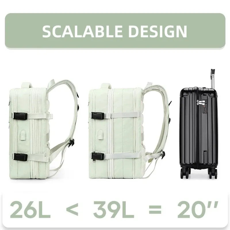 Extendible backpack comparison of scalable design showing closed and expanded and different luggage