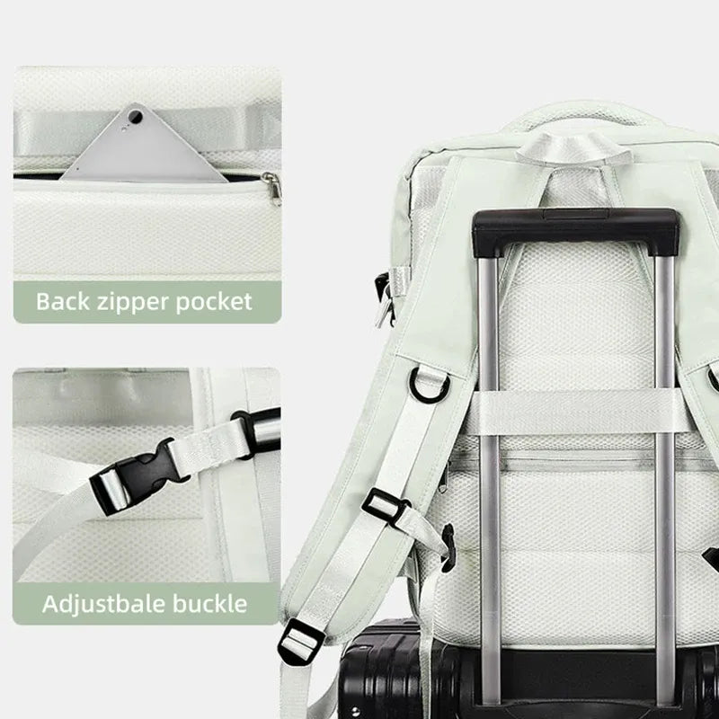 Light green backpack with adjustable buckle and back zipper pocket on a white background
