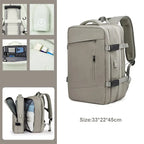 Gray backpack with multiple compartments and a size label on a white background
