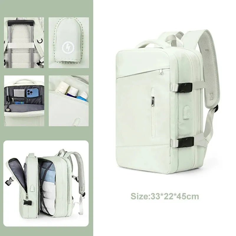 Light green backpack with multiple compartments and a size label on a white background