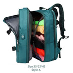 Peacock backpack with colorful items inside on a white background
