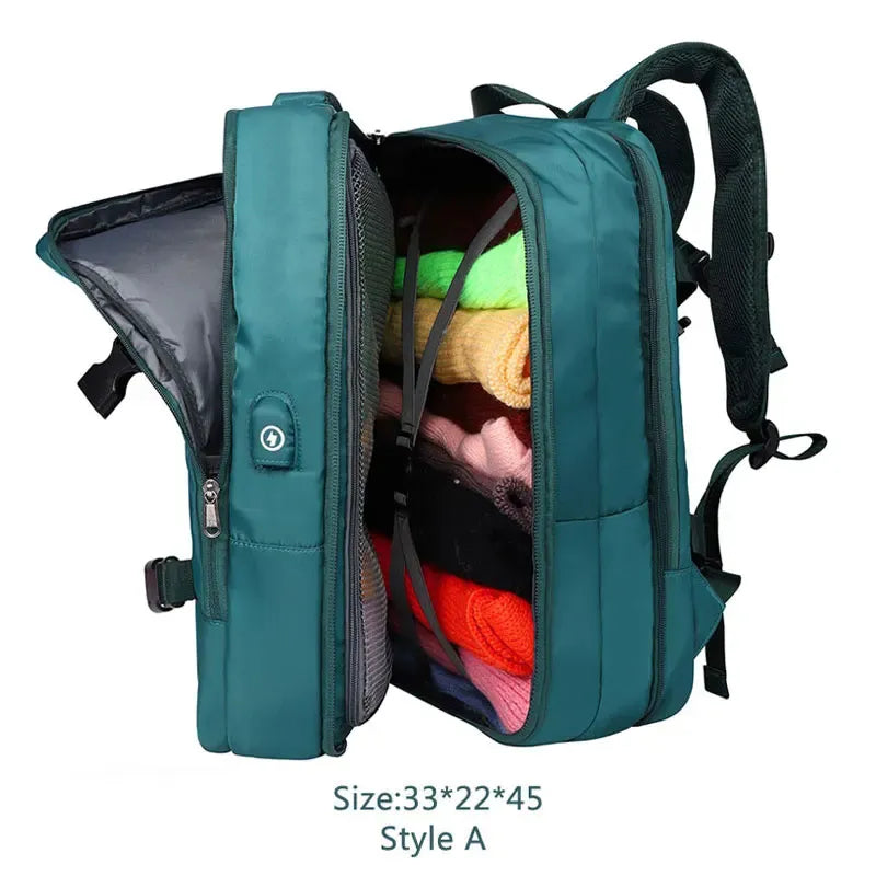Peacock backpack with colorful items inside on a white background