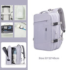 Purple backpack with multiple compartments and a size label on a white background