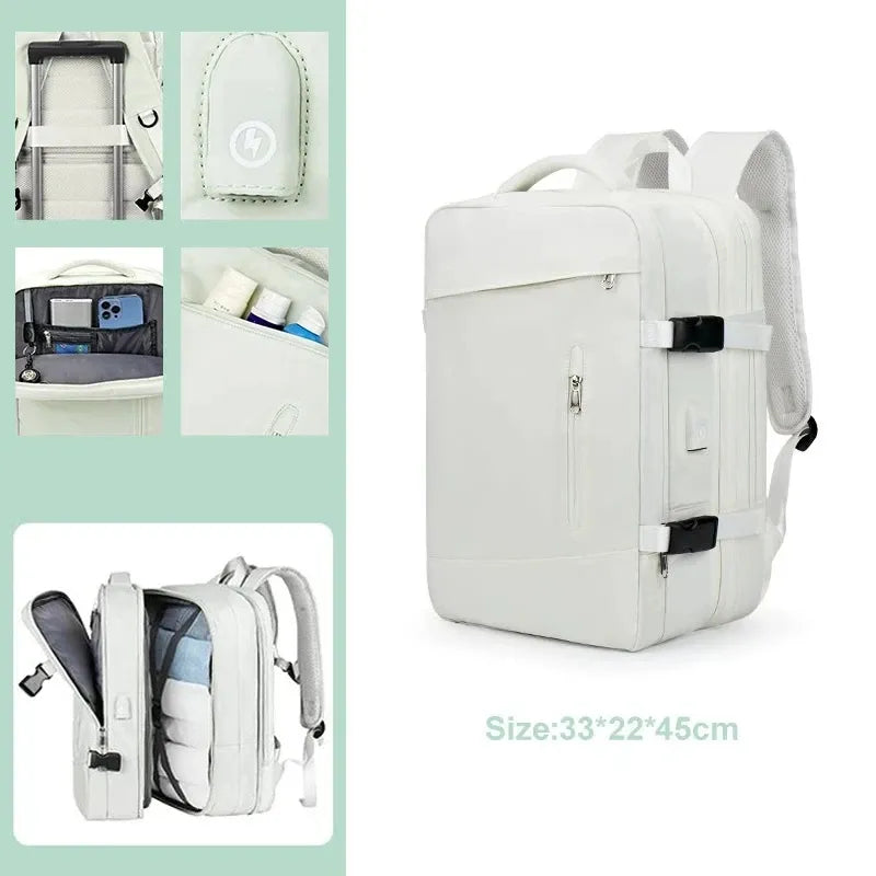 White backpack with multiple compartments and a size label on a white background