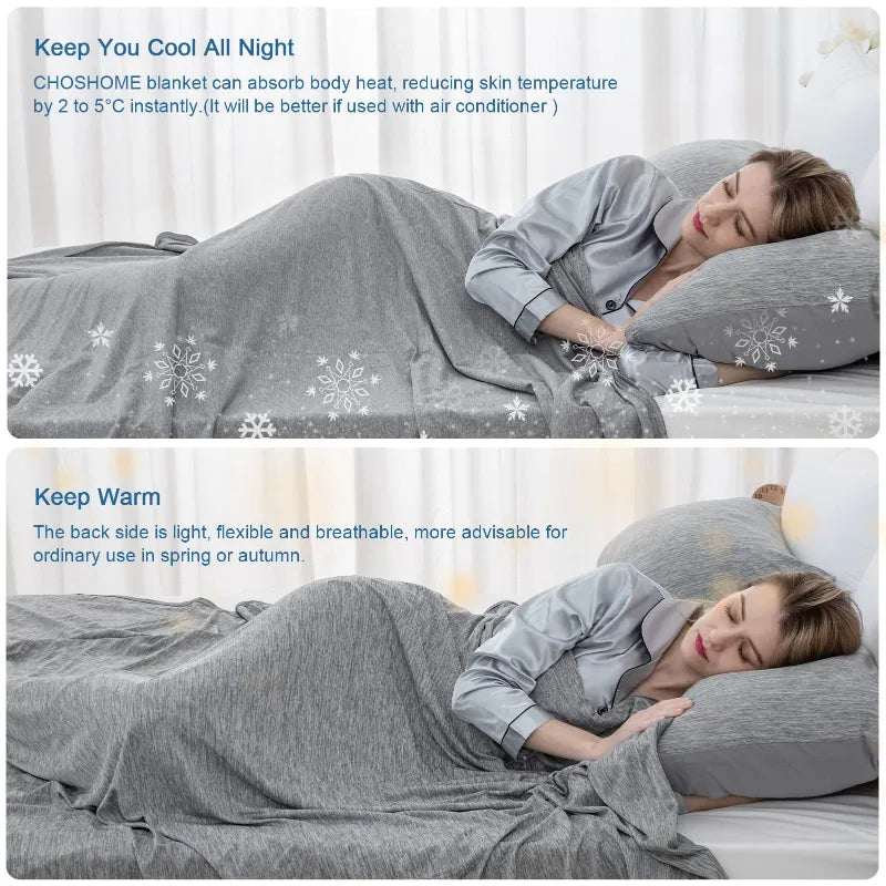 Person lying in bed with a gray blanket featuring snowflake patterns, with text describing the blanket's cooling and warming properties.