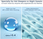Product advertisement for cooling fabric with a blue sphere and textured fabric background.