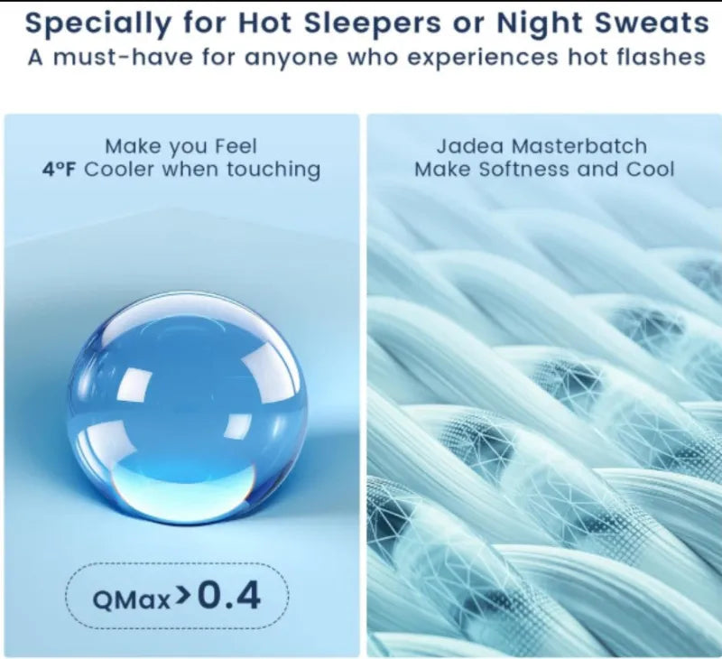 Product advertisement for cooling fabric with a blue sphere and textured fabric background.