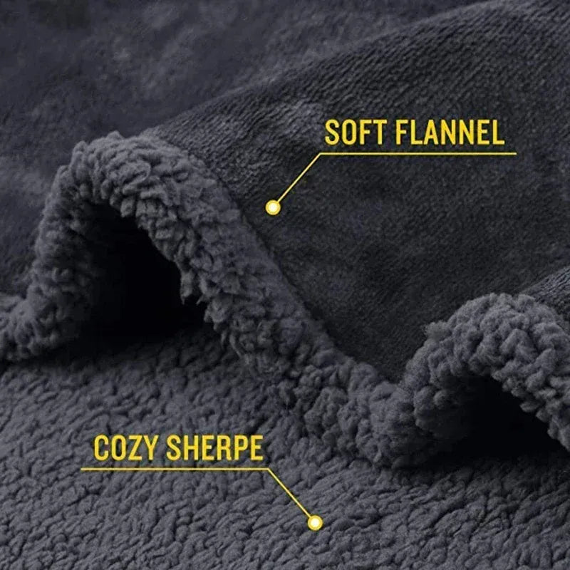 Gray waterproof blanket with 'Soft Flannel' and 'Cozy Sherpe' text label