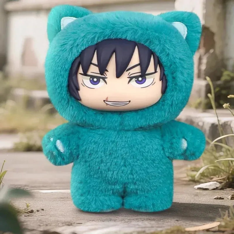 Teal plush toy with character face on a wooden surface outdoors