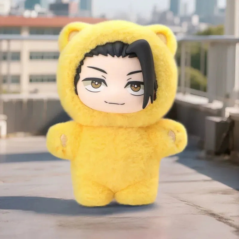 Yellow plush toy with hood and character face on a rooftop with cityscape background