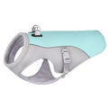 Pet cooling harness with light blue top and gray sides on a white background
