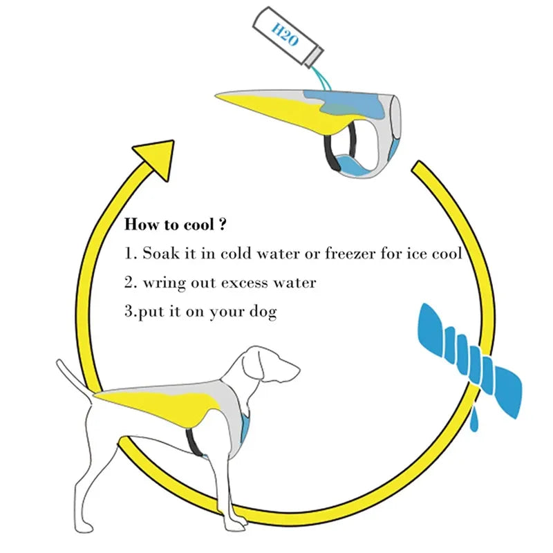 Diagram showing how to cool a dog using a cooling device with text 