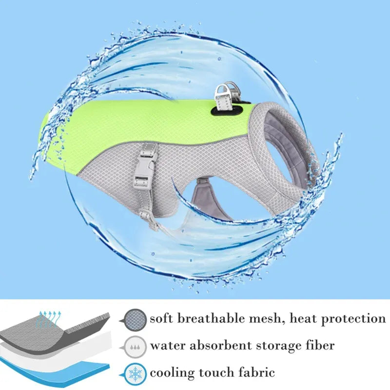 Dog cooling vest with water droplets and feature text of material on a blue background