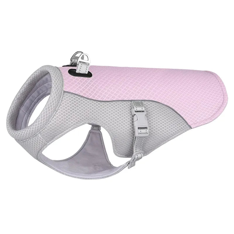 Dog cooling harness with pink and gray design on a white background