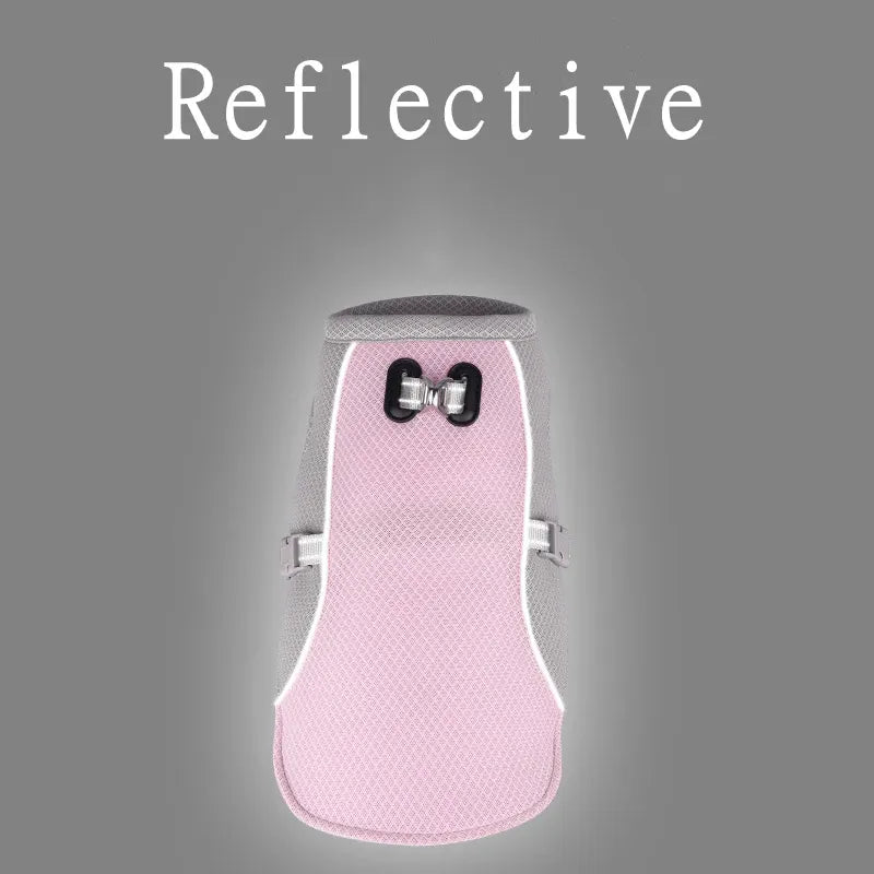 Pink reflective dog cooling vest on a gray background with 'Reflective' text.