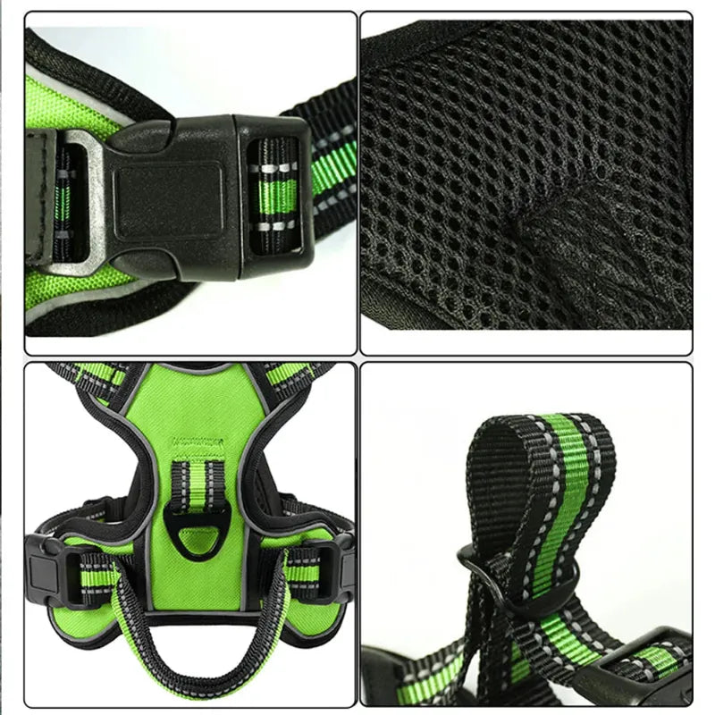 Green and black dog harness with detailed views of materials and design.