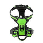 Green and black dog harness on a white background